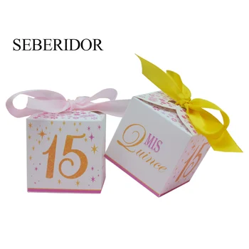 10 бр. Бяла Квадратна Мини-подарък кутия шоколадови бонбони с розови цветя принтом за момичета на 15-ти рожден ден, Декорация за детски събития