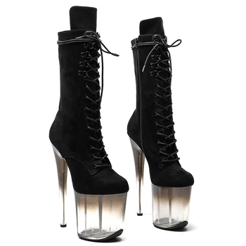 Leecabe 20 см/8 инча, замшевый надмощие, прозрачна черна градиент платформа, обувки за дискотеки и партита на висок ток, обувки за танци на един стълб