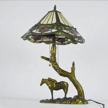 LongHuiJing Настолна лампа в стил Тифани С конусообразным абажуром от витражного стъкло, акцентные лампа на базата на класическата смола под формата на Кон
