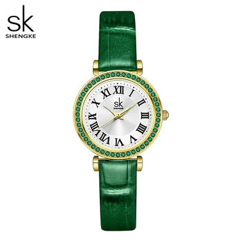 Shengke, Нов Дизайн, Кварцов Ръчен часовник за Жени, Луксозен Циферблат с Кристали, Модни Часовници с Кожена Каишка на Montre Femme