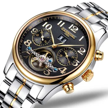 Бизнес модни часовници CARNIVAL Tourbillon, Водоустойчив Мъжки часовник от неръждаема стомана с Датата, Мъжки Автоматично механични часовници Relogio