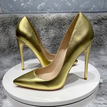Блестящите златни мат женски обувки с остър пръсти на висок ток за сватбени партита, лъскави женски обувки-лодка на висок ток, без скрепителни елементи, по-Големи размери 33-45