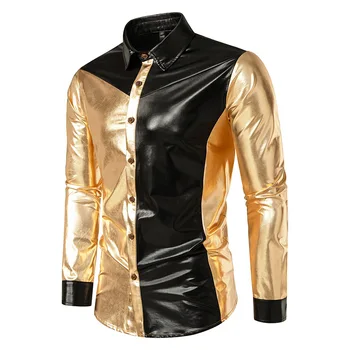 Блестящо Метално рокля-риза За Мъже 2023 Златното Черна Рокля в стила на мозайка, Ризи 70-те години, Дискотека, Парти за Хелоуин Костюм за Бала, Ризата XXL