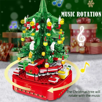 Въртящата Коледно Дърво Музикална Ковчег Събрани Строителни Блокове Led Светлина Весели Коледни Тухли Подарък за Деца Хлапето Момиче Момчета