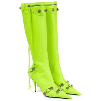 Дамски ботуши над коляното Кожени обувки с остри пръсти, Зимни Дамски черни обувки на тънък ток, с Модерна марка обувки, ботуши-камини