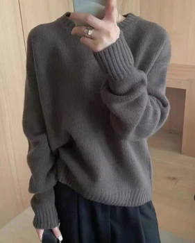 Корейски оригинален сгъсти вълнен пуловер, Женски Кръгъл отвор, модерен Свободен мързелив Стил, обикновен вълнен вязаный Универсален пуловер