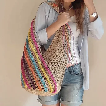Лятна нова цветна чанта през рамо шарени за жени, вязаная на една кука, ръчно изработени, чанта-кофа, плажна чанта за почивка с пискюли