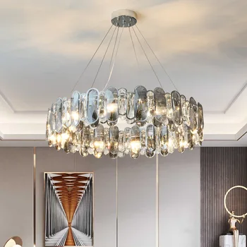Модерна led луксозни Кристални хром полилей за хол, спалня, трапезария, Кръгла, с лампа със сребрист блясък