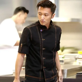 Мъжки памучни блузи готвач от деним с къс и дълъг ръкав, униформи с престилка в комплект с маслоустойчива работно облекло за кухни, кетъринг, готвач на ресторант