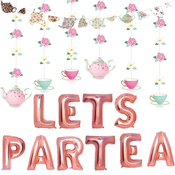 НЕКА да СРАВНИМ ЧАЙ Розово-Златни балони Чайник Чаени чаши Банер за Чай Флорални Декорации За Чай Детски Душ Булчински Душ