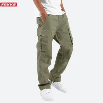 Нови Панталони-карго FGKKS, Мъжки Преки Свободни Панталони с много джобове, Однотонная Универсална работни Облекла За Бягане, Памучни Мъжки Ежедневни Панталони