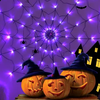 Осветителни тела под формата на паяжината на Хелоуин, Usb, 8 режими, стенни осветителни тела под формата на паяжина, мрежести осветителни тела за страх украса за Хелоуин, венец диаметър 120 см