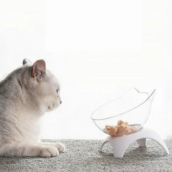 Прозрачна пластмасова Купа за хранене на домашни любимци С приповдигнато дъно, Скъпа котешка муцуната, да Повдигнат купа за котка, малко куче с наклон от 15 градуса, Защитно горловина