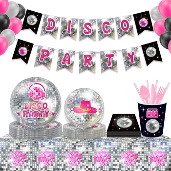 Ретро Диско-музика За парти, комплекти прибори за еднократна употреба, Украса за Парти по случай рожден Ден, Сребърна лампа, Картонени чаши за балните танци, Табели, банери