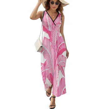Тропически модел от розови бананови листа на бяла рокля без ръкави, лятно женствена рокля 2023
