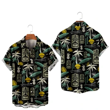 Хавайски ризи за мъже, ризи с принтом кокосови палми и племенни маски, летни потници за почивка на плажа, с къс ръкав, дишащи