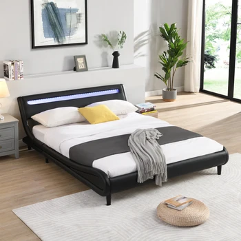 Черна рамка на легло на платформата с модерна тапицерия размер 