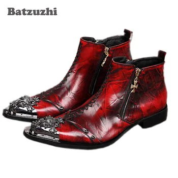 Batzuzhi/ Мъжки обувки в италиански стил, Ботильоны с метално бомбе, мъжки Луксозни вино-червени Къси ботуши от естествена кожа за партита, сватби, подиум