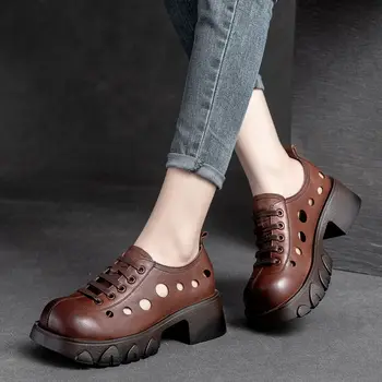 Birkuir/ Лоферы с кръгла пръсти; Дамски обувки на дебелите обувки в стил Ретро; Кухи обувки от естествена кожа на платформа Дамски обувки подметка с шнур;