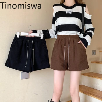 Tinomiswa/ Есенно-зимните модни шорти, дамски къси панталони с висока талия и завязками, обикновена реколта къси Дамски ежедневни прости Споденьки