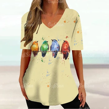 Дамска блуза с V-образно деколте и къс ръкав с 3D принтом сладък птици, облегающая фигура, y2k, дамски тениски за street фотография