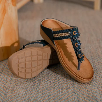 Дамски летни сандали на равна подметка в стил Бохо, сандали, джапанки с Т-образно каишка, Удобни сандали с отворени пръсти и еластична лента на щиколотке, Ежедневни модни обувки однотонная