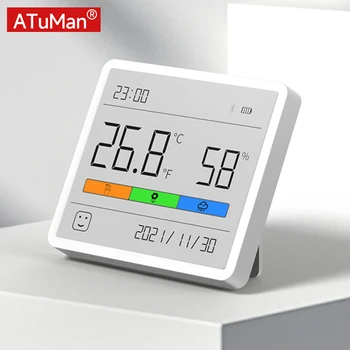 Измерване на температура и влажност DUKA Atuman LCD дигитален термометър, Влагомер, сензор за станция време, Часовник за домашна употреба на закрито
