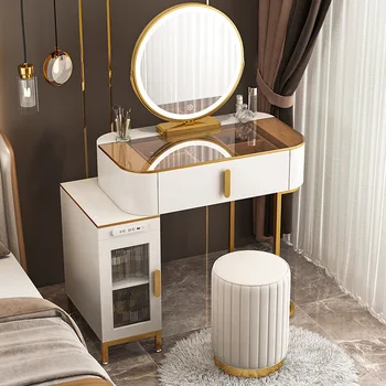 Лесен Луксозен Стъклен Тоалетка, Нов Черно-бяло-сиво с Огледало, Маса за грим, Шкаф за съхранение, Вградени мебели за спалня