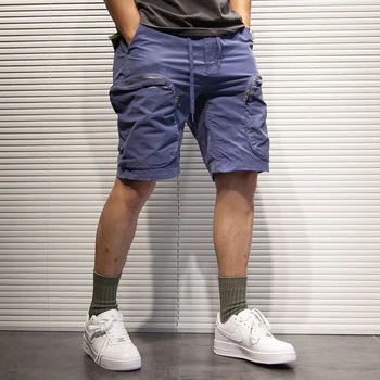 Летни Мъжки къси панталони-карго в ретро стил, Обувки с завязками с дължина до коляното, Выстиранная Дрехи, Ежедневни прави панталони с много джобове