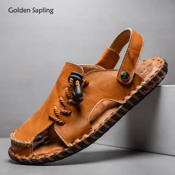 Летни мъжки сандали Golden Sapling, плажни обувки от естествена кожа за мъже, Дишащи обувки за почивка, ежедневни сандали на платформа и плоска подметка