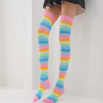 Преливащи се цветове чорапи за момичета, Дамски Чорапи за краката, Многоцветни Райета Чорапогащи, Дълги до бедрото, Дамски Чорапогащи над коляното За момичета